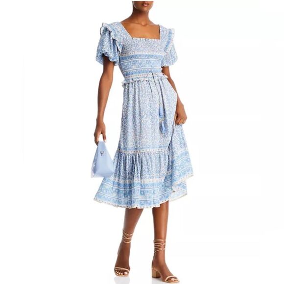 Bell Ashley Ruffled Puff Sleeve Midi Dress in Blue White, NWT, Size XL - Picture 2 of 16